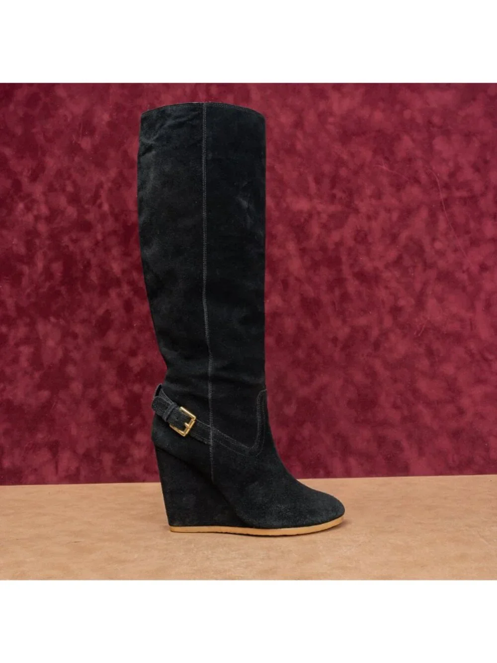 Coach Women Black Suede Leather Zip Dress Fashion Wedge Tall Boots sz 8.5